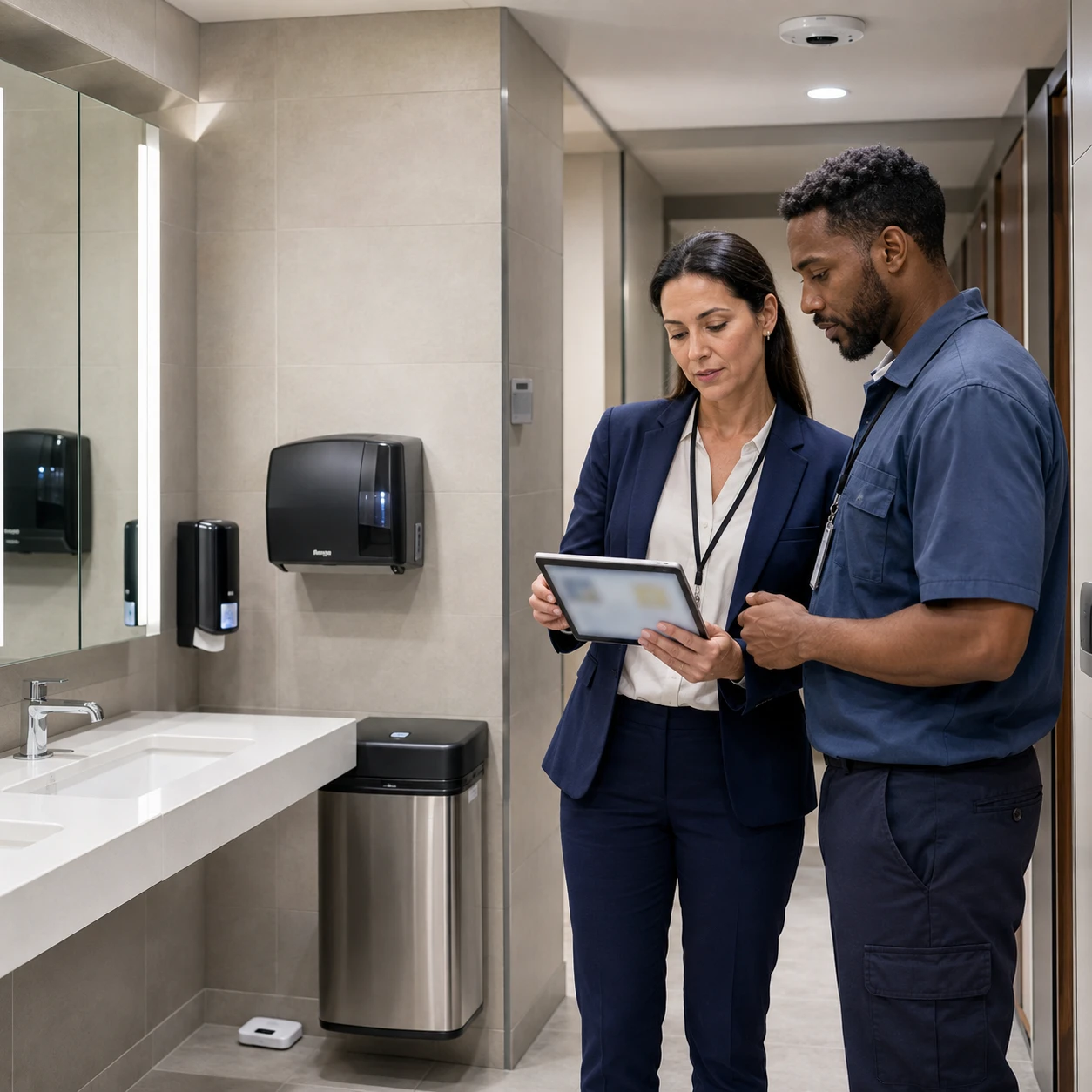 Facility manager and janitorial supervisor monitoring a Washroom Management System